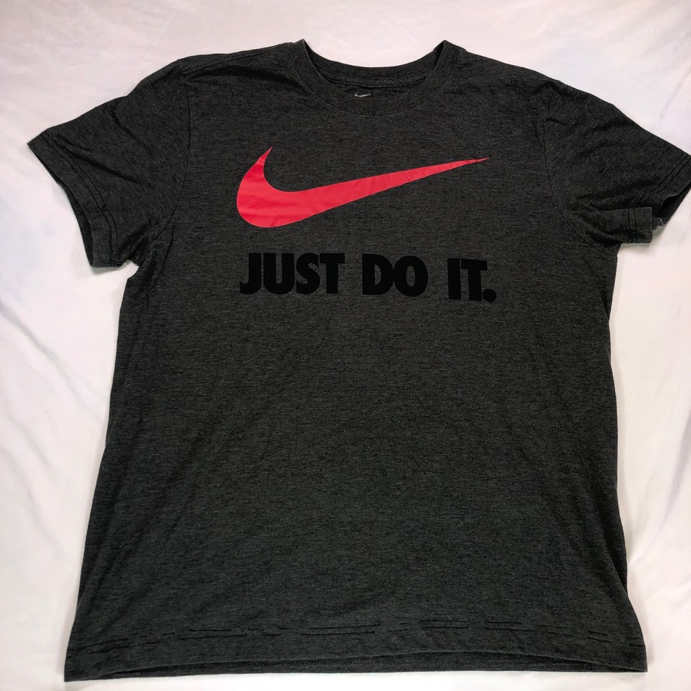 Nike Just Do It Graphic T-Shirt Mens Medium Grey Red Swoosh Athletic Tee 00677